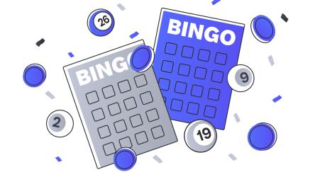 Illustrated image of blue and grey Bingo cards surrounded by numbered Bingo balls and Bingo chips.
