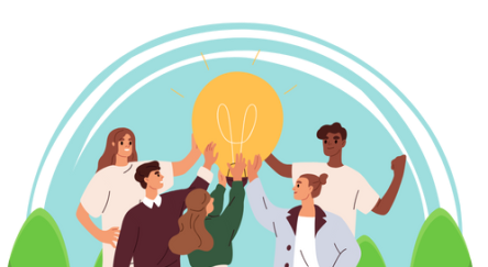 Illustration, several individuals in a park raise a light bulb together, representing innovation and teamwork in a vibrant outdoor setting.