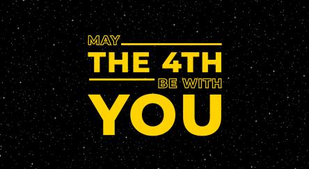 Text graphic featuring the phrase "May the 4th be with you" in a stylized font, celebrating Star Wars Day.