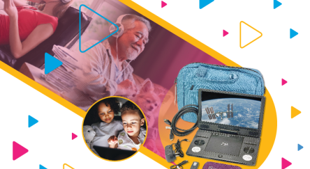 Portable blu-ray player with carrying case and accessories.