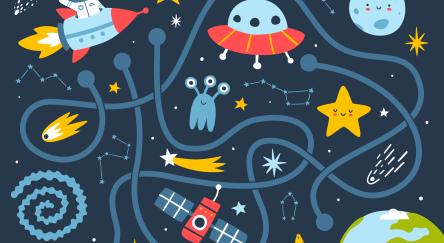 Cosmic maze with animal astronaut for kids.