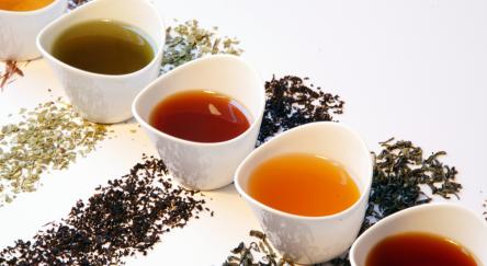 Small porcelain tea pots with different sorts of tea such as black tea, matcha tea, gunpowder tea, green tea, and rooibos tea.