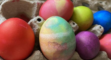 Tie dyed and multi color Easter eggs.