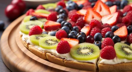 Fruit pizza with kiwi, raspberries and strawberries.