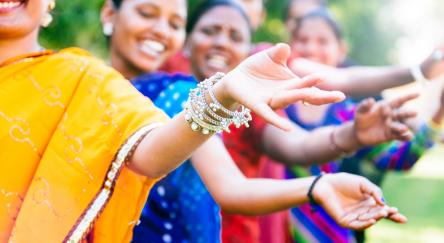 Group of Indian women rehearsing a Bollywood dance.