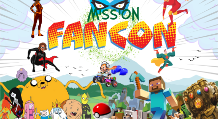 Illustration, Mission FanCon logo with characters from pop culture fandoms