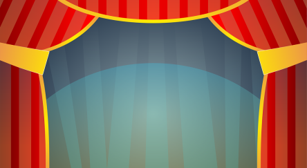 Puppet stage, wooden floor, red curtains with yellow trim. blue background