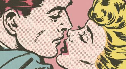 Pop-art-style illustration of a man and a woman about to kiss.