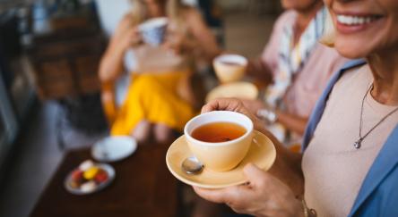 Close-up of group of senior women relaxing and drinking tea together and socializing.