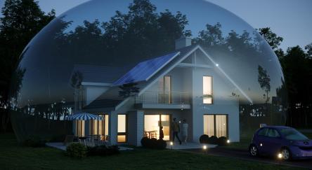 House and a family inside glass bubble dome, evening scene. 