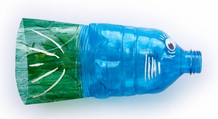 Plastic water bottle upcycled into a fish puppet.