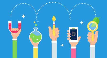 Steam Integrated Education Approach. Arts and Science. Students Holding Tools in Hands.