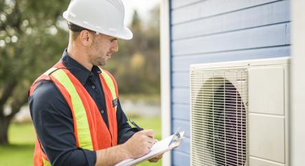 A technician working on heat pump outdoor unit.