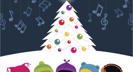 Cartoon image of holiday carolers singing in front of a white Christmas tree.