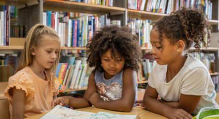 Three young girls read together at a library table.
