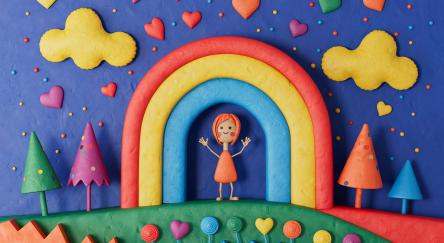 Abstract plasticine landscape with girl, mountains, rainbow and trees. 