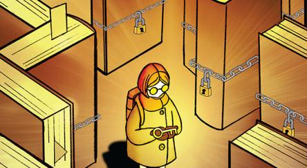 A girl stands in a maze of locked books. She holds a key that will open the Freedom to Read.