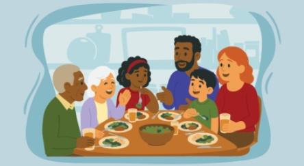 image of a family eating together around a table. This is the family literacy day logo for 2026.