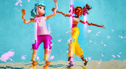 Avatars of best friends dancing in virtual reality environment. 