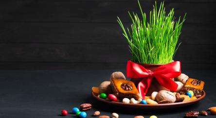 Nowruz setting table decoration, wheat grass, baklava pastry and nuts on dark background.