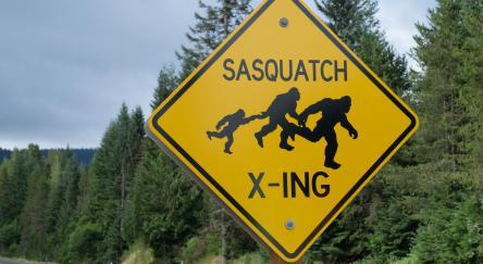Sasquatch crossing sign in the wilderness.