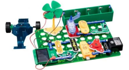 Snap circuits board with components in place.