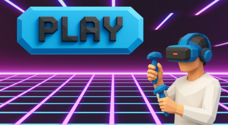 Virtual Reality Banner with Cyberspace Background blue play button and male in white shirt playing virtual reality