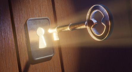 A golden key inserted in a keyhole on a wooden door, emitting bright light, symbolizing discovery or unlocking potential.