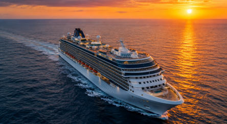 A large cruise ships sails calm waters at sunset.
