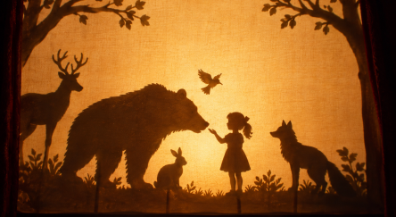 A group of animals and a little girl are represented by shadow puppets. 