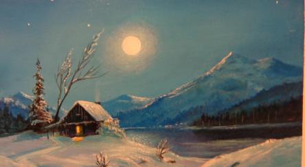 Painting of a winter night's scene - a cabin in the distance surrounded by mountains and snow.