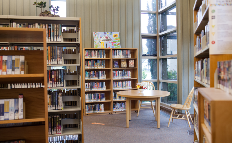 Inside Agassiz Library, shelves are lined with countless books, offering a serene space for reading and research.
