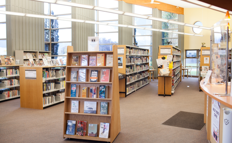 Interior of Agassiz Library featuring tall shelves filled with numerous books in a spacious, well-lit environment.
