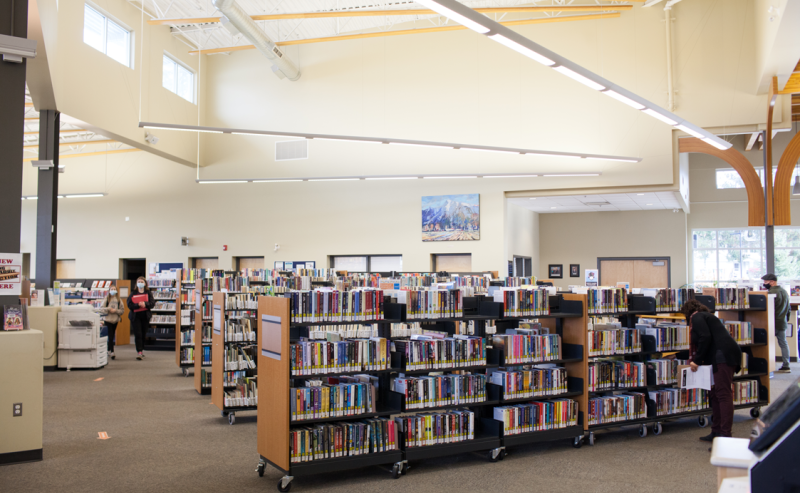 Interior of Sardis Library featuring shelves lined with diverse books, inviting exploration and discovery.
