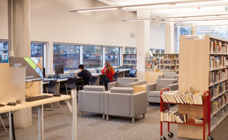 A cart loaded with books in the cozy interior of Terry Fox Library, surrounded by shelves and study spaces.