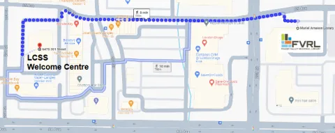 Map to LCSS Welcome Centre from Muriel Arnason Library.
