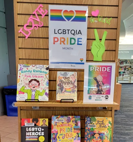 A Pride Month book display at Maple Ridge Public Library.