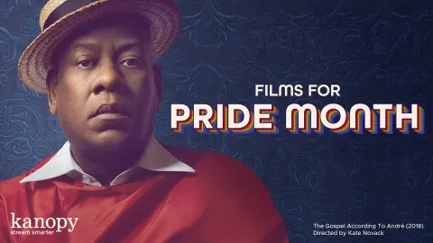 A promotion for Kanopy's Pride Month collection features an image from the 2018 film The Gospel According to André directed by Kate Novack.