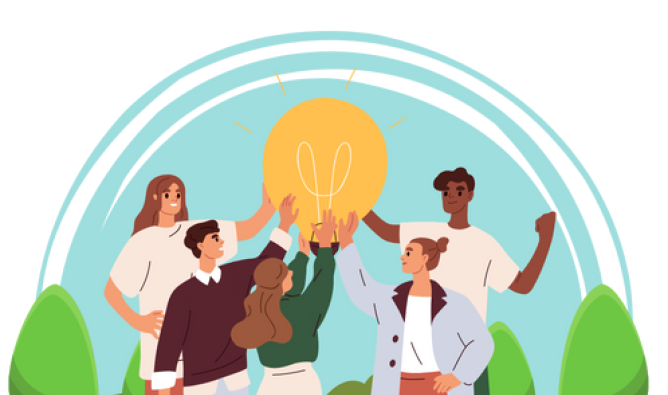 Illustration, several individuals in a park raise a light bulb together, representing innovation and teamwork in a vibrant outdoor setting.