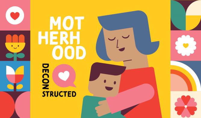 Motherhood Deconstructed. A cartoon mother embraces her child.