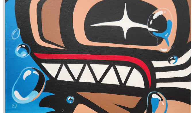 Painting of an otter playing with the bubbles it creates as it goes for a swim! The otter is painted in contemporary Northwest Coast formline reflecting her Nisga'a roots.