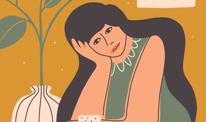 An illustration of a sad woman; she rests her head on her hand and looks emotionally forlorn.