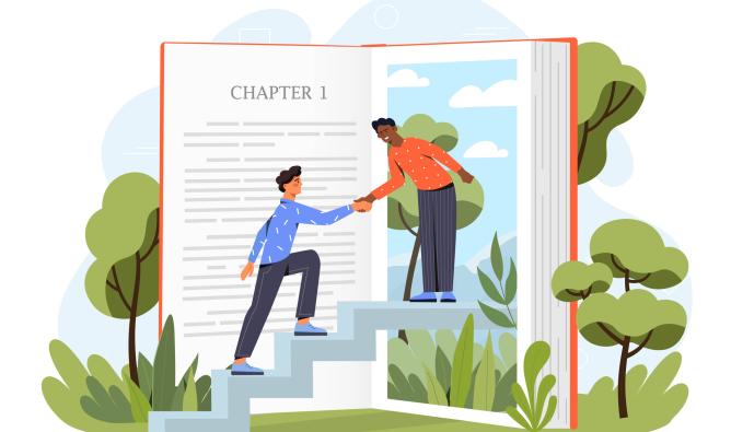 Inside book concept. Man helps young guy up stairs. Metaphor of fantasy and imagination, fiction literature and love for reading.
