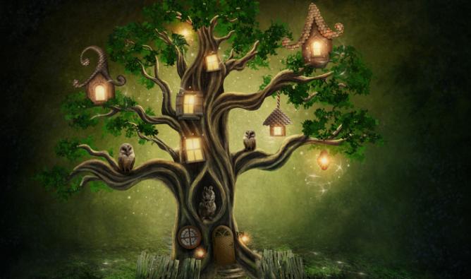A magical tree at night is illuminated by miniature house. Owls are seen perched on tree branches.