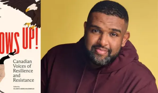Elbows Up! Canadian Voices of Resilience and Resistance book jacket and CBC host Elamin Abdelmahmoud headshot