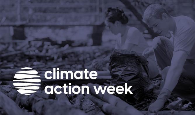 Climate Action Week: a young woman and a young man pick up garbage from a polluted beach.