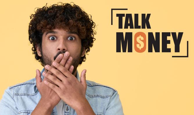 Financial Literacy Month branding with the tagline "Talk Money." A young man looks surprised; he covers his mouth with his hands.