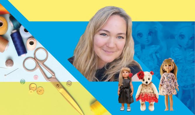 Image of Michelle Vandepol with dolls and sewing gear