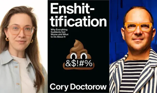 Two people wearing glasses stand against a blue background, smiling and looking towards the camera.