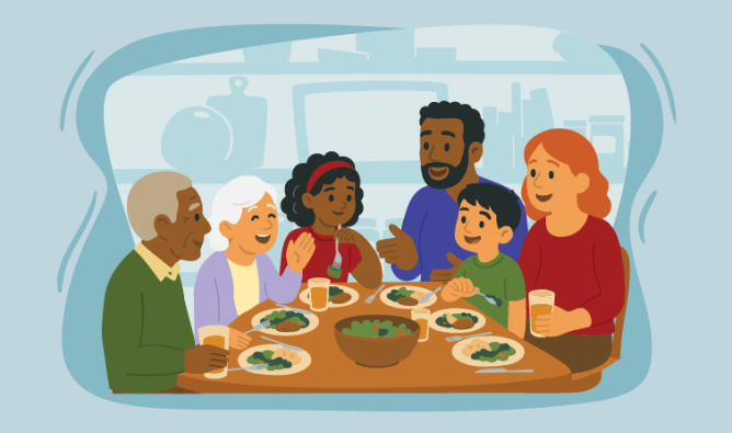 Illustration of family around table eating together.